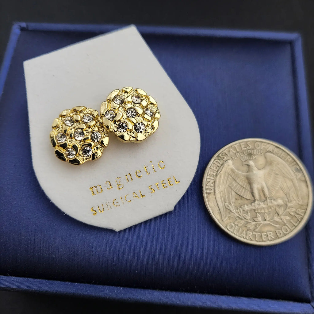 MaxBling81 Iced Gold-Plated Cubic Zirconia Nugget Chunky Statement Earrings - Unisex Hip Hop Magnetic Studs for Adults, Trendy Jewelry, Streetwear Shine, Small/Large Sizes, Artificial Gemstone Accessories