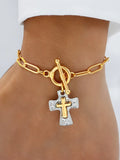 Women's Retro Cross Bracelet with Pendant, Flat Chain, OT Buckle, Two-Color Hammered Pendant, Niche Hand Jewelry, Daily Wear Accessory