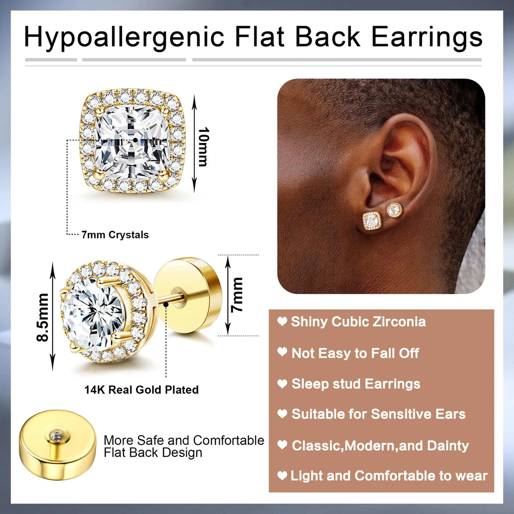FASACCO Unisex 7mm Flat Back Cubic Zirconia Stud Earrings - Geometric Round/Square, Nickel-Free Metal, AAA+ CZ Shine, Durable Costume Jewelry, Fashion Studs, Men's Earrings for Daily Wear sohochic