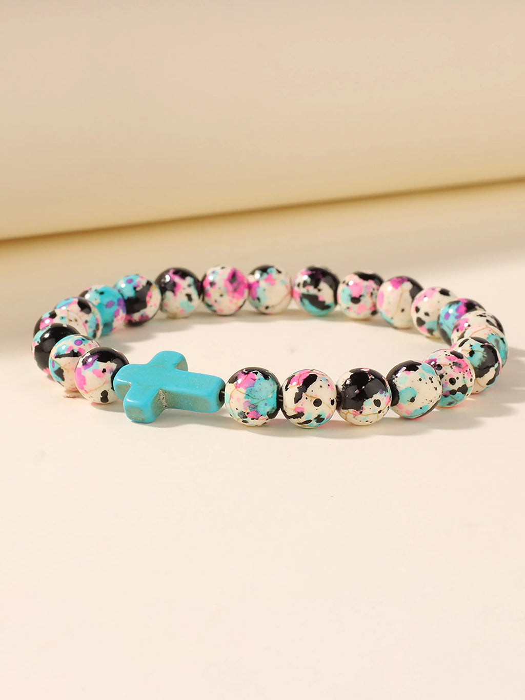 Natural Stone Rain Flower Beaded Bracelet, Turquoise Cross Pendant Accessory, Bohemian Style Bracelet, Faith Themed Christian Jewelry, Faith Wear Jewelry, Inspirational Bracelet