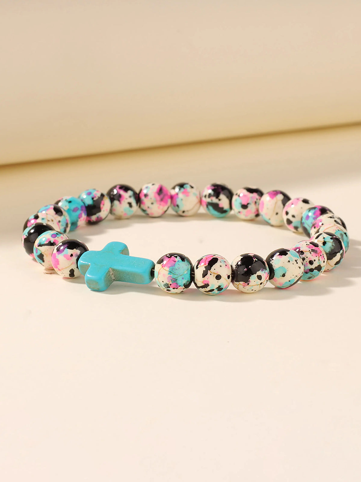 Natural Stone Rain Flower Beaded Bracelet, Turquoise Cross Pendant Accessory, Bohemian Style Bracelet, Faith Themed Christian Jewelry, Faith Wear Jewelry, Inspirational Bracelet