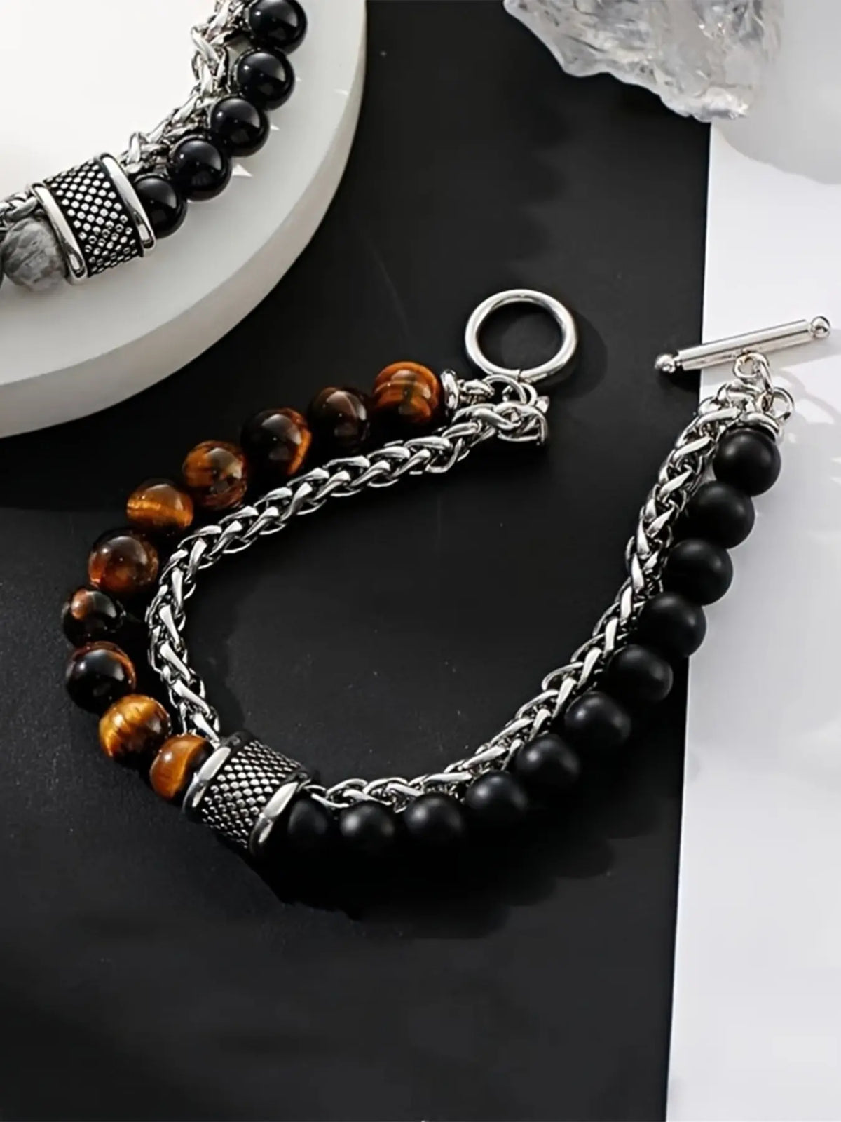 Men's Punk Style Jewelry Beaded Bracelet with Artificial Tiger Eye Stones, Casual Style Leather Ot Clasp, Perfect for Daily Wear & Gifts, Exquisite Bracelet, Jewelry Bracelets