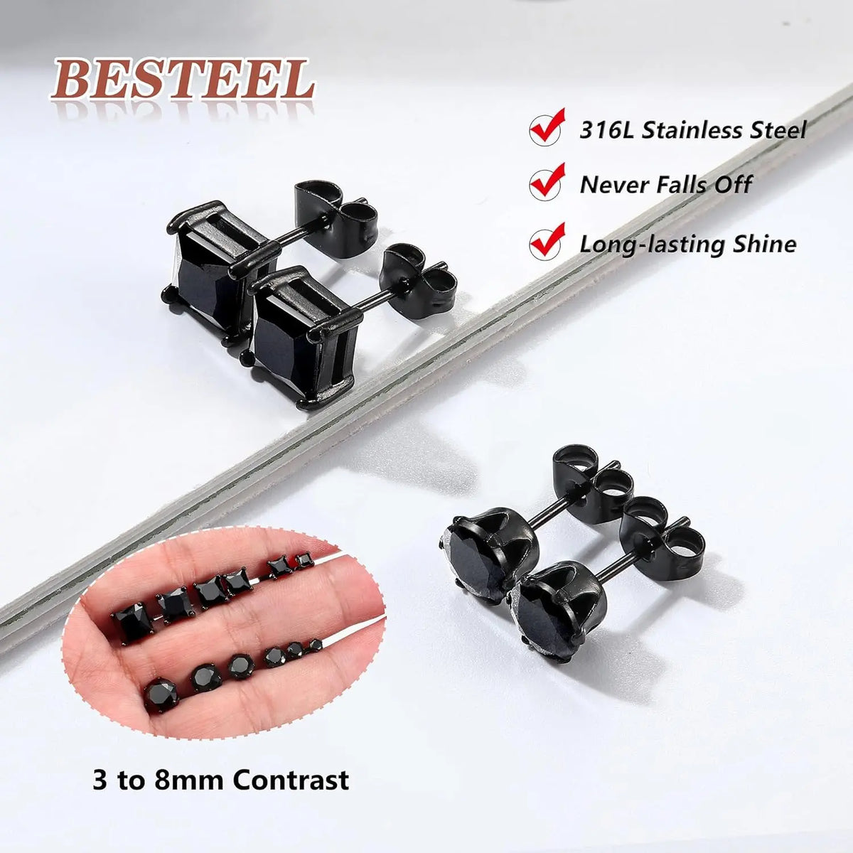 BESTEEL Hypoallergenic CZ Black Stud Earrings for Men & Women - Stainless Steel studearrings, Square Round Shape, Sensitive Ear Jewelry Set, Model 3-8MM accessories men