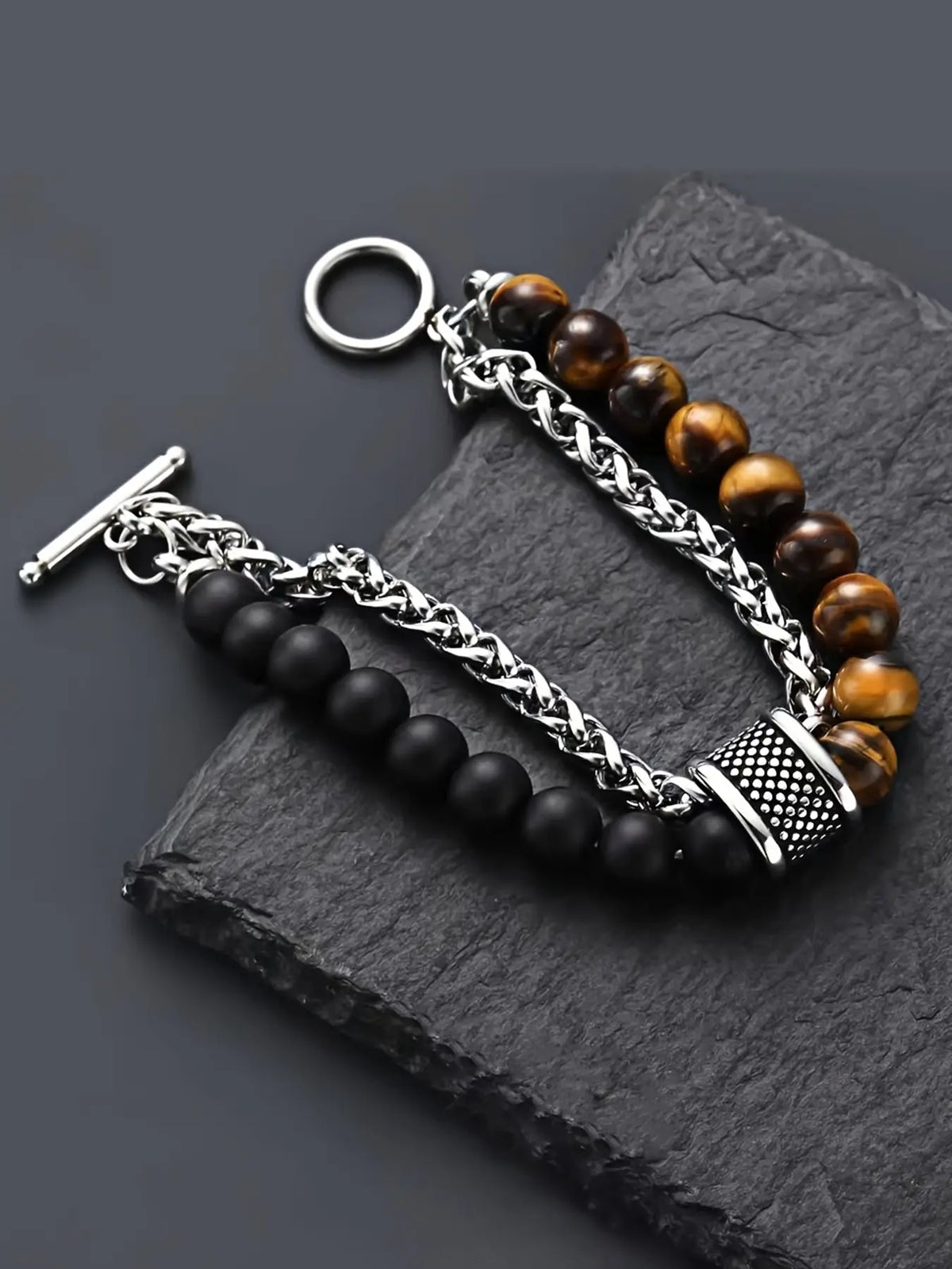Men's Punk Style Jewelry Beaded Bracelet with Artificial Tiger Eye Stones, Casual Style Leather Ot Clasp, Perfect for Daily Wear & Gifts, Exquisite Bracelet, Jewelry Bracelets