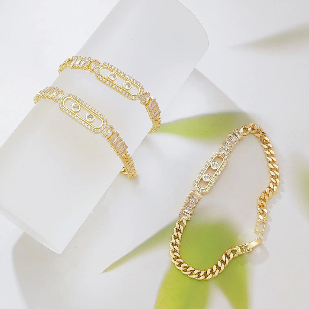Women's Elegant Gold Plated Cuban Link Bracelet - Fashion-Forward Female Chain Jewelry Bracelets & Bangles with Sparkling CZ Sliding Charm, Baguette Cut Zircon Inlay, Metal Coating, Adjustable Dainty Costume Jewelry for Daily Wear, Gifting,sohochic