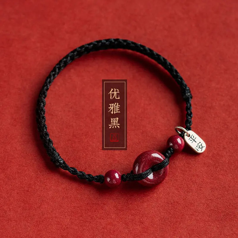 Unisex Cinnabar Hand-Woven Rope Bracelet with Peace-Health Buckle - One Size Fits, Men's Accessories, Ethnic Costume Jewelry, Birth Year Accessory, Stackable Piece, Daily Wear, Symbolizes Peace and Health, Meaningful Gift