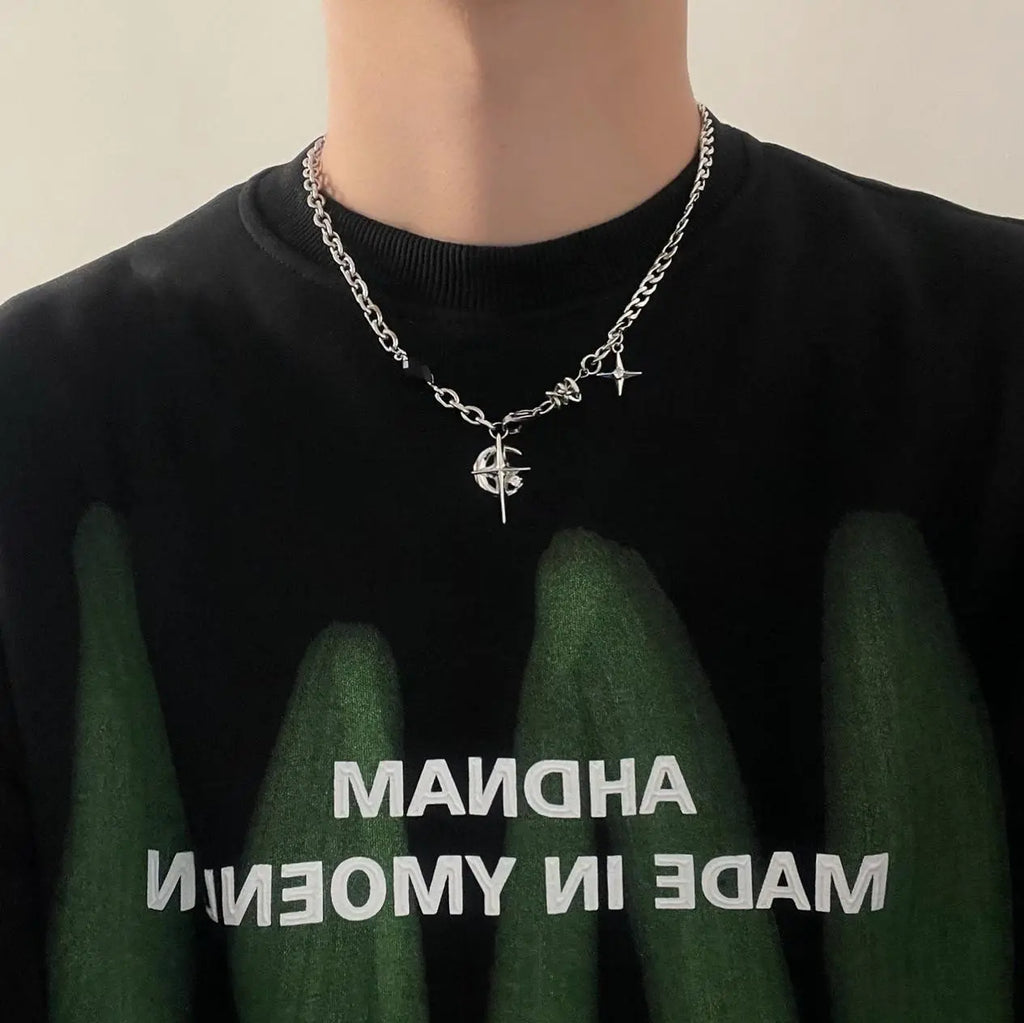 Men's Non-Tarnish Stainless Steel Mid Chest Black Star Pendant Clavicle Chain - Non Tarnish Jewelry, Casual Style Necklaces, Street Style Accessory, Gift Box Included, Unique Gifts for Man