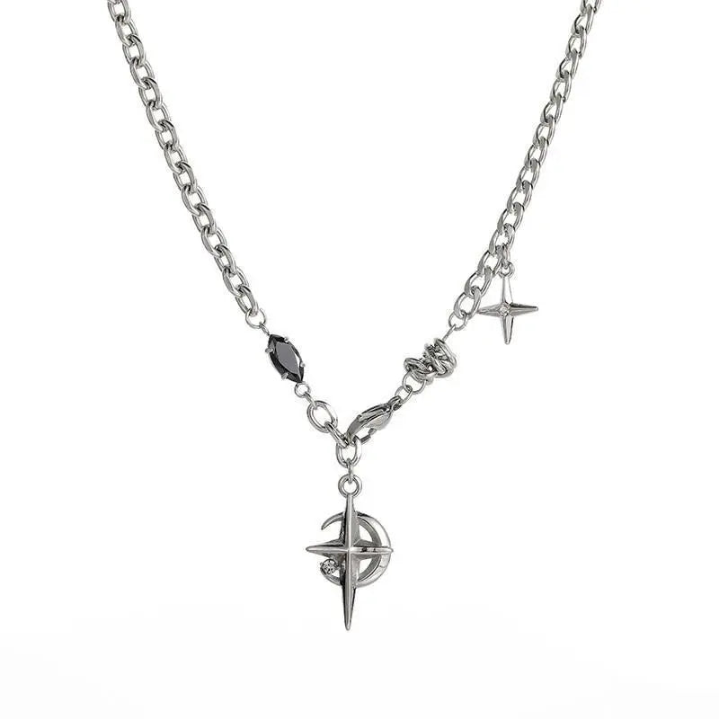Men's Non-Tarnish Stainless Steel Mid Chest Black Star Pendant Clavicle Chain - Non Tarnish Jewelry, Casual Style Necklaces, Street Style Accessory, Gift Box Included, Unique Gifts for Man