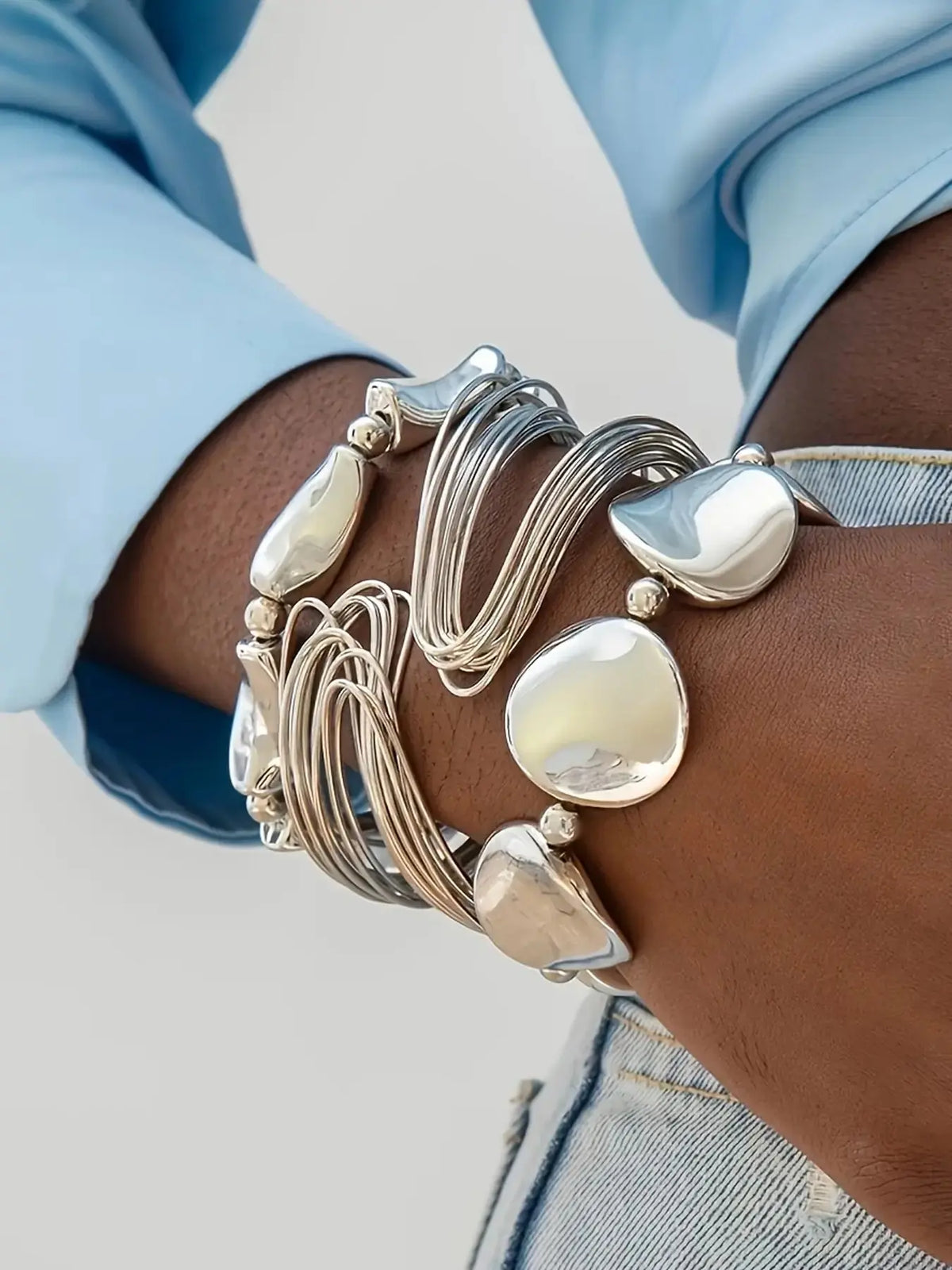 3pcs Gold and Silver Color Chunky Heart & Geometric Bracelet Set, Luxury Stackable Bangles, Y2K Jewelry for Women, Party & Daily Wear, Stacking Bangles, Bracelets Set