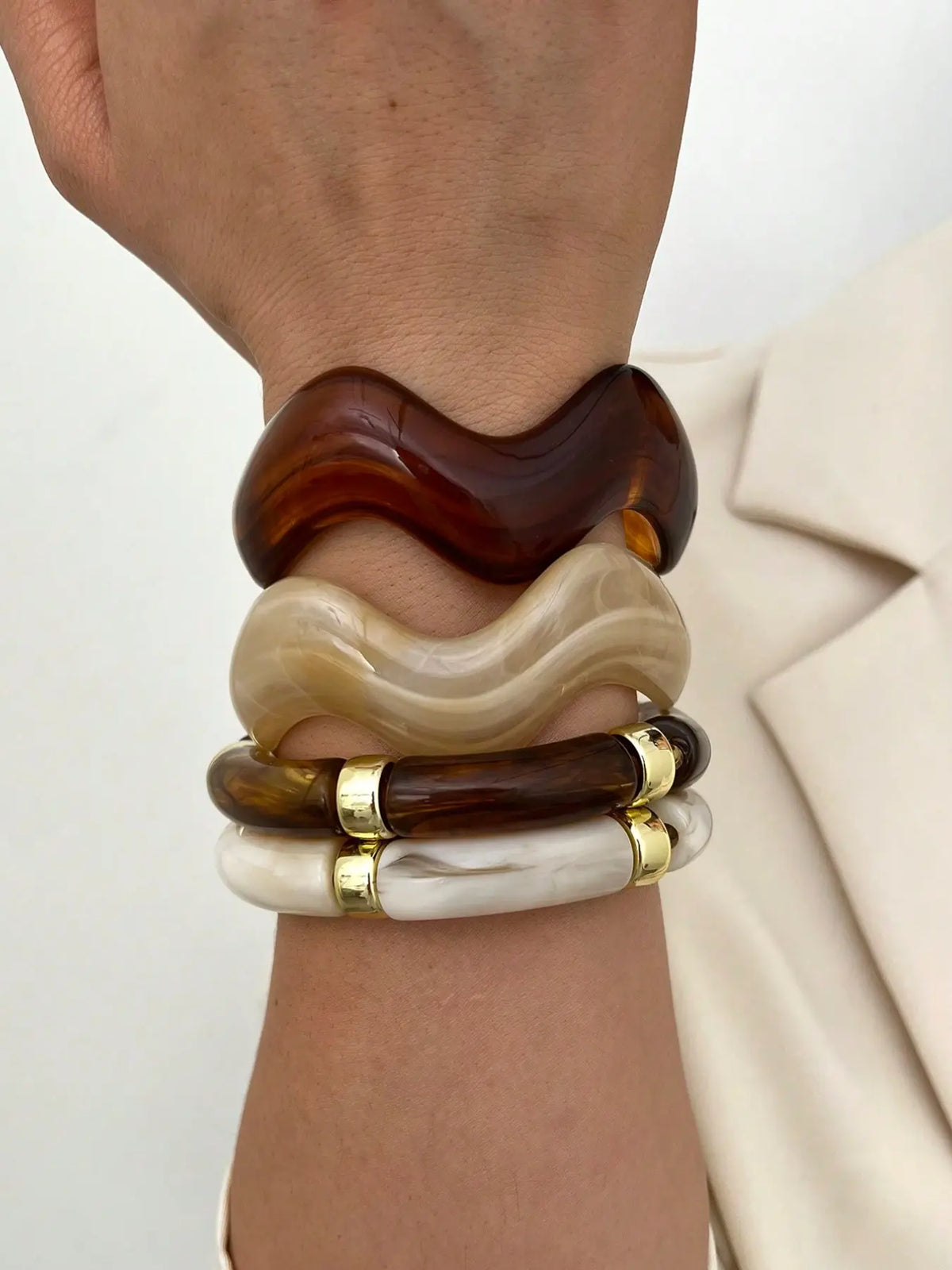 4-Piece Boho Style Summer Jewelry, Wave-Shaped CCB Resin Bracelets Bangles Set, Bracelets for Women, Stackable Bracelets for Daily Wear, Bracelets Stacking, Perfect Gift