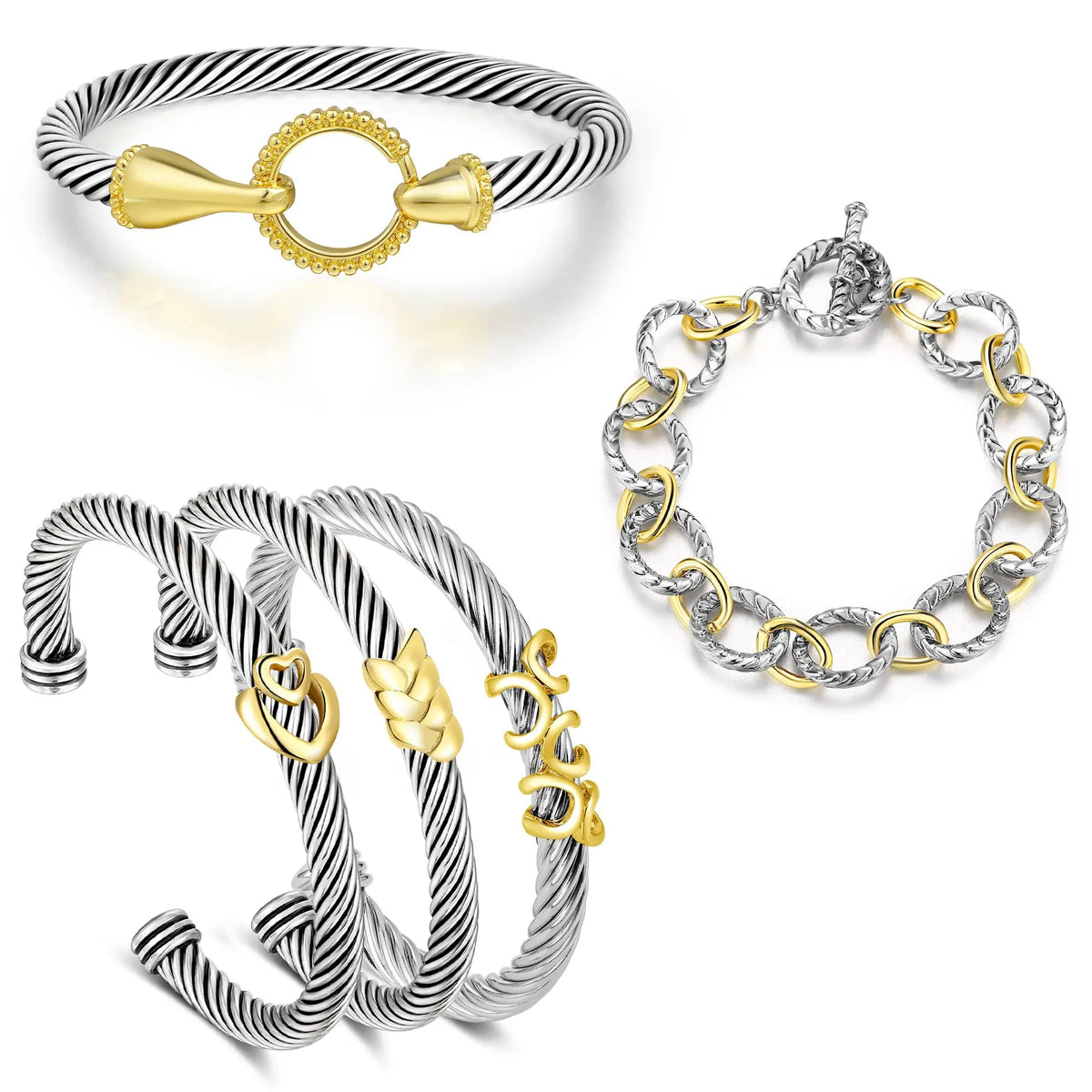 Aprilery 5PCS Stackable Twisted Cable Bracelet Set – Adjustable Two-Tone Cuff & Chain Link Design Jewelry Perfect Mother's Day Gift