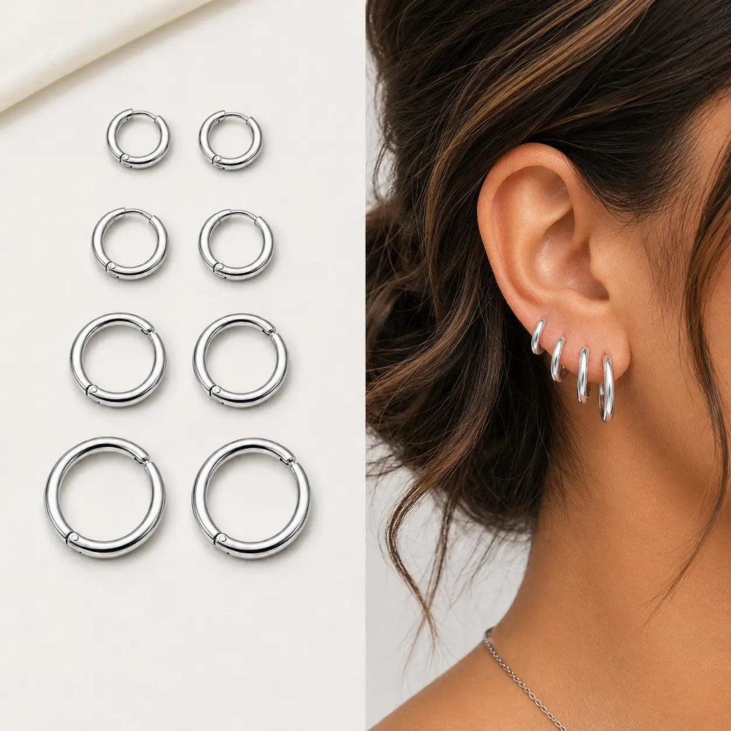 Women's & Men's Accessories 4-Pair Classic 316L Surgical Steel Silver Hypoallergenic Huggie Hoop Earrings, Ideal for Cartilage Piercings & Layering (8mm,10mm,12mm,14mm)