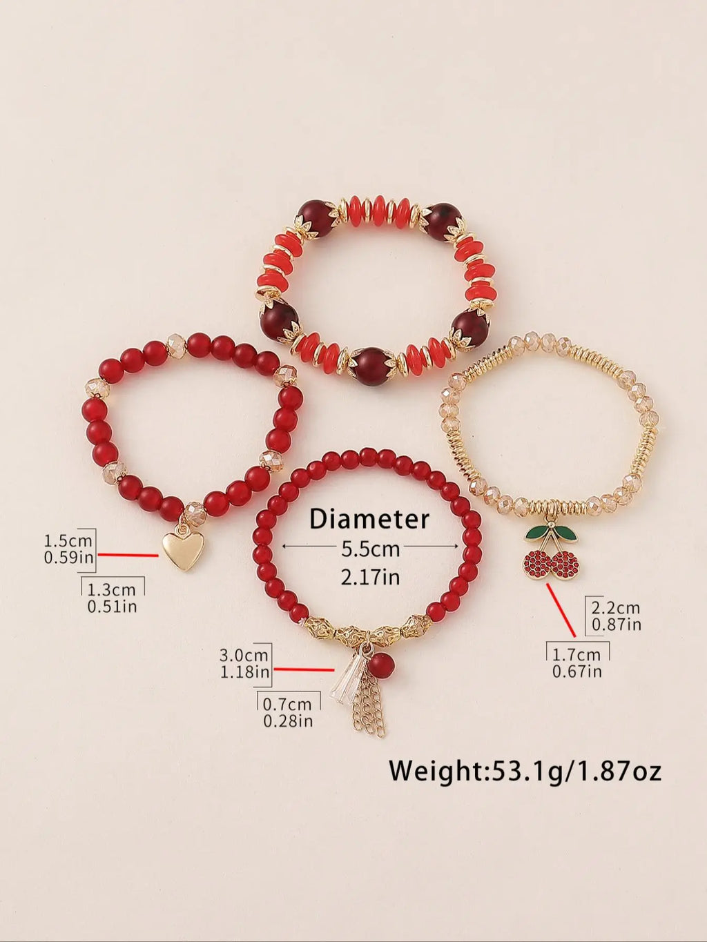 Cute Cherry & Leaf Design Beaded Heart Charm Bracelet, Boho Style Jewelry for Women & Girls, Trendy All-match & Exquisite Jewelry for Birthday Gift, Xoxo Style Bracelet, Beaded Bracelets