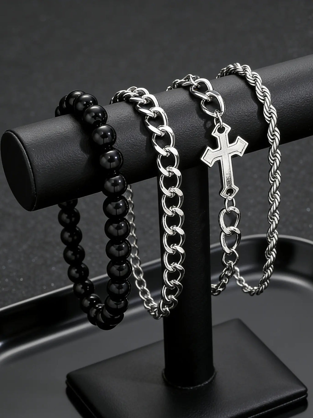 Men's Casual Fashion Stackable Beaded Bracelet Combination Set with Cross Beads and Diamond Style, Iron Chain and Zinc Alloy Hand Chain for Daily Wear, Great Gift for Boyfriend or Father