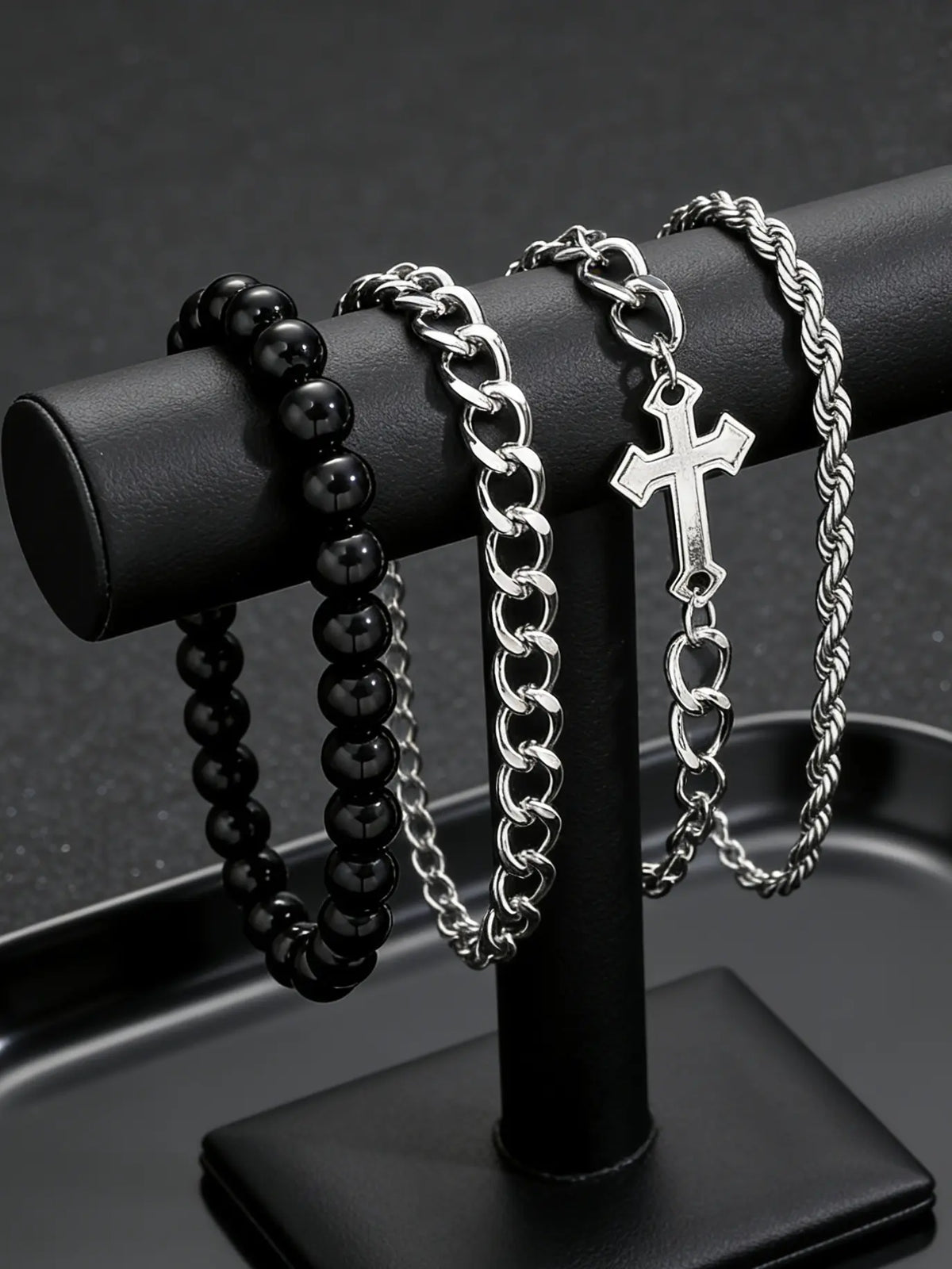 Men's Casual Fashion Stackable Beaded Bracelet Combination Set with Cross Beads and Diamond Style, Iron Chain and Zinc Alloy Hand Chain for Daily Wear, Great Gift for Boyfriend or Father