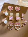 Mother's Day Gift Women's Elegant Rhinestone and Faux Pearl Heart-Shaped Stud Earrings Set with Heart and Bow Design, Dainty Stylish Jewelry for Party and Daily Wear