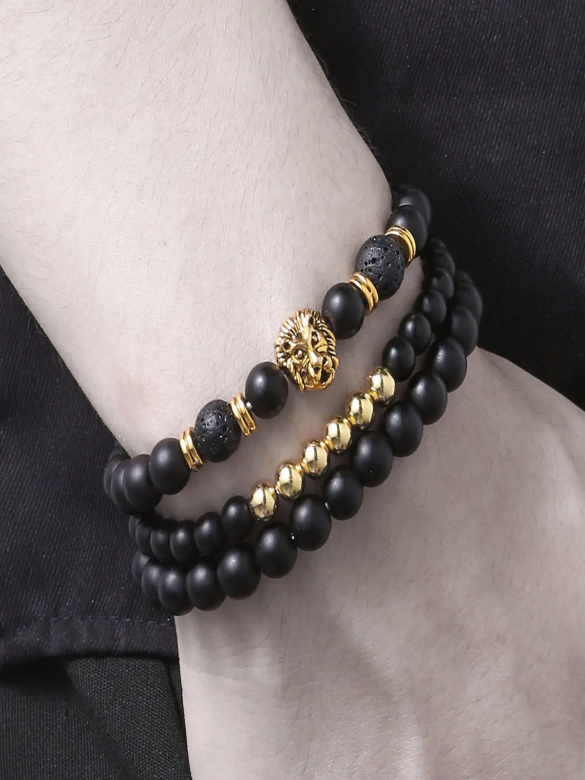 Men's Vintage Lion Head Decor Beaded Bracelets, Trendy Natural Stone Stackable Bracelets, Fashion Jewelry for Party, Daily Decor, Trendy Jewellery Accessories