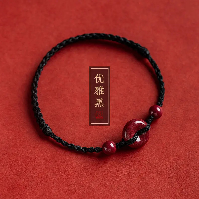 Unisex Cinnabar Hand-Woven Rope Bracelet with Peace-Health Buckle - One Size Fits, Men's Accessories, Ethnic Costume Jewelry, Birth Year Accessory, Stackable Piece, Daily Wear, Symbolizes Peace and Health, Meaningful Gift