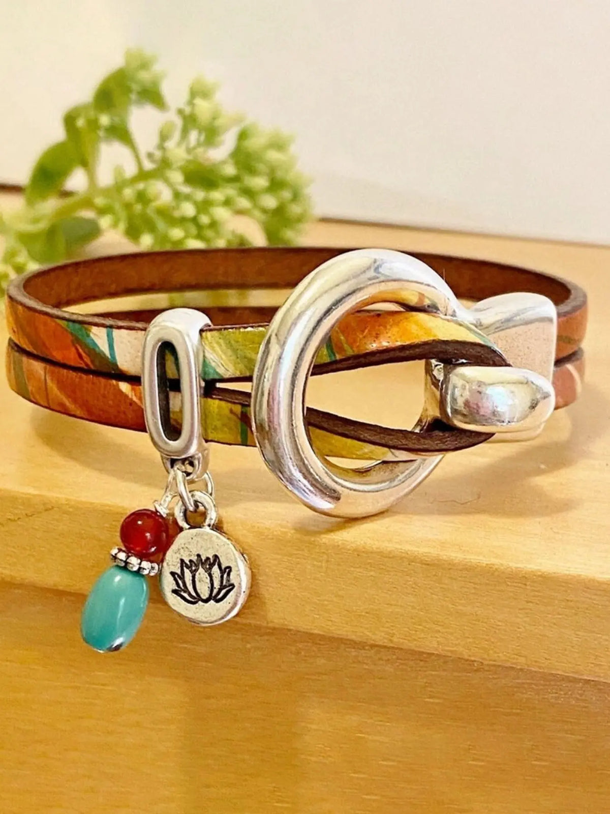 Vintage Boho Style PU Leather Bangle Bracelet, Dual Layer Metal Design, Unisex Party Vacation Accessory, All Seasons Wear, Floral Accents, Bohemian Bracelets