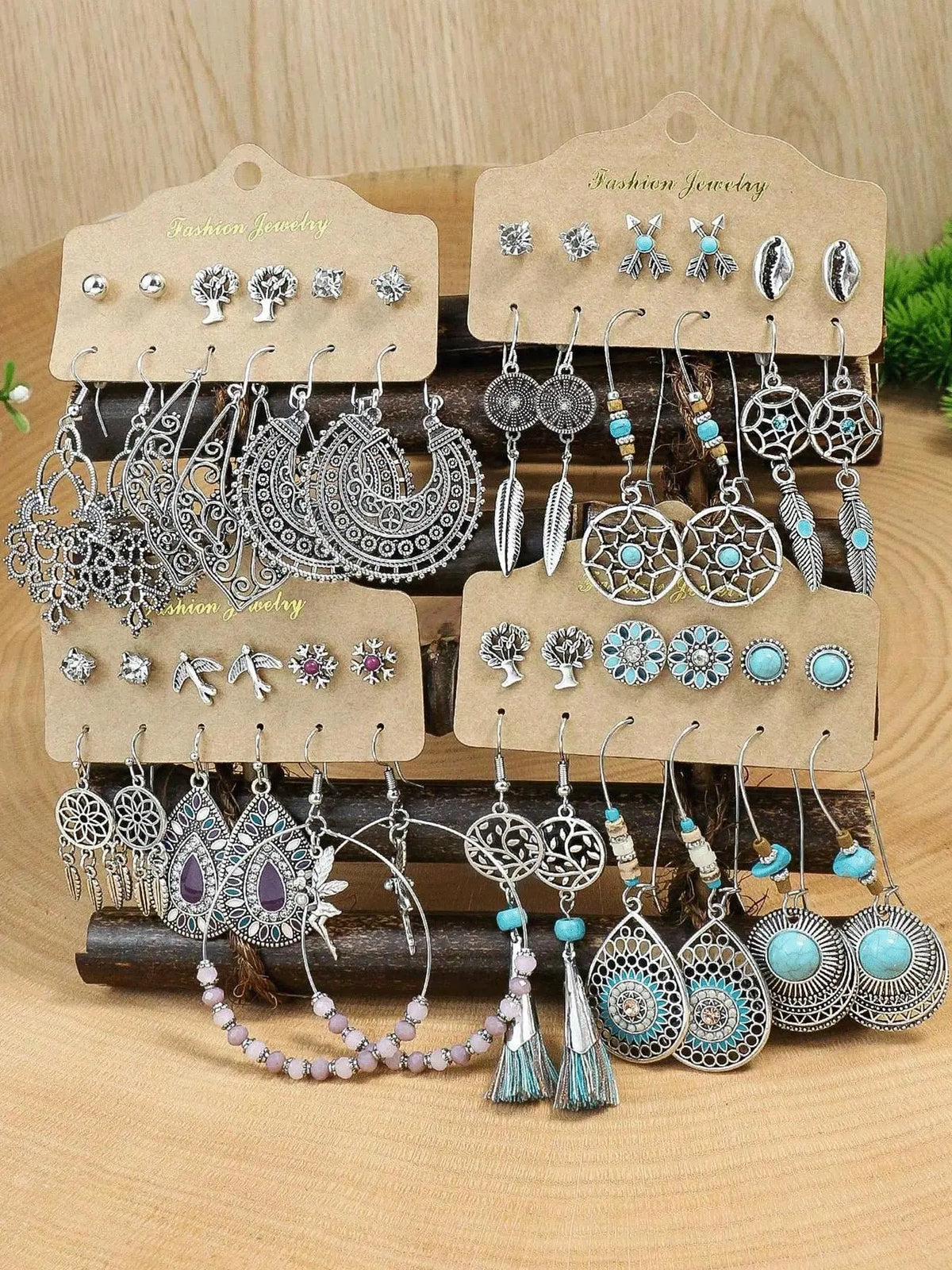 Women's Boho Turquoise-Textured Dangle and Stud Earrings Set, Retro Mixed-Design Vintage Jewelry for Parties and Daily Wear