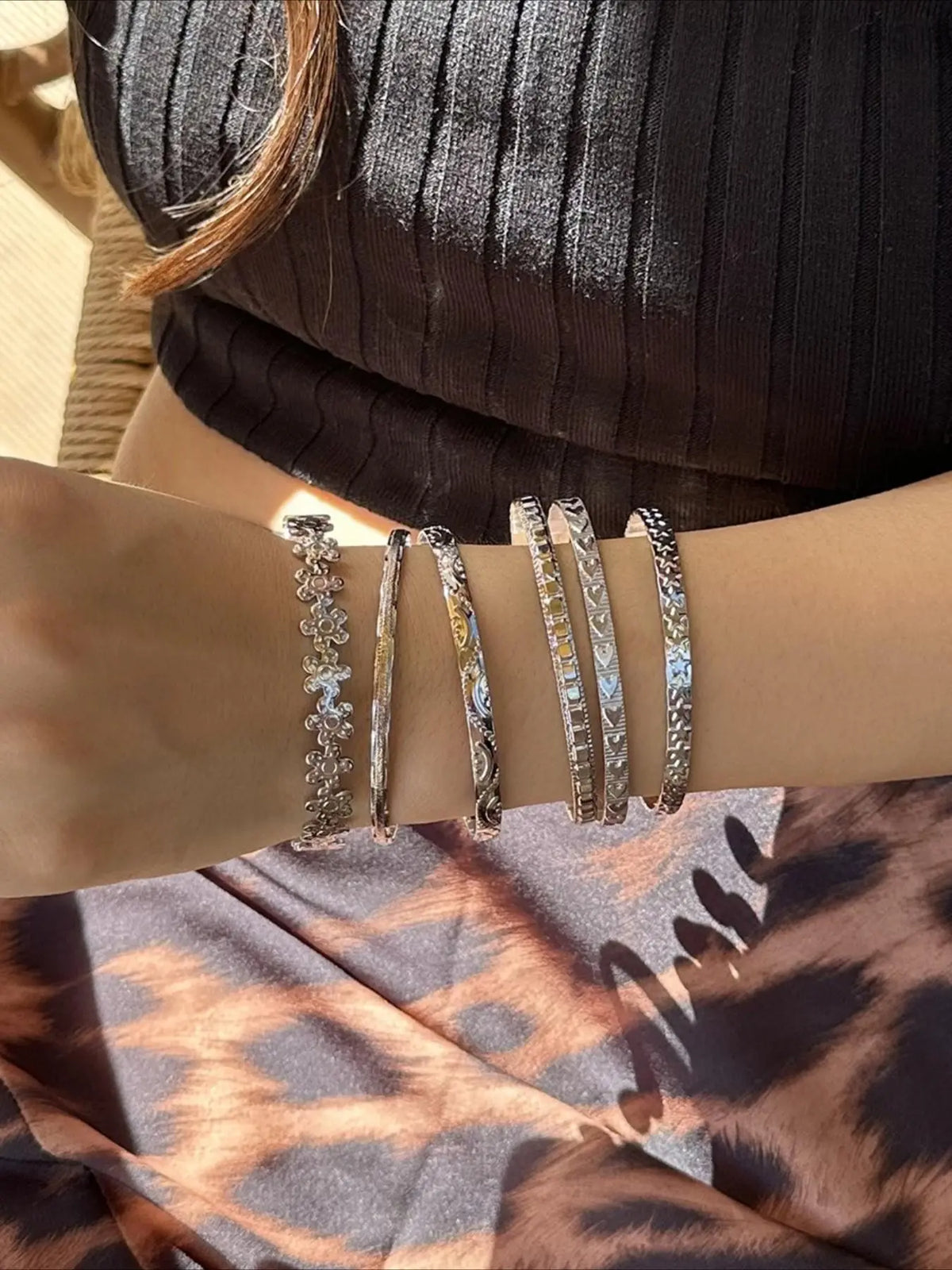 Boho Vintage Flower Heart Star Geometric Open Metal Bangles Set, Boho Style Bracelet Fashion Design Women Casual Party Vacation Personalized Bracelets Stackable Bracelet Stacking Bracelet Bohemian Bracelets Bracelet Sets